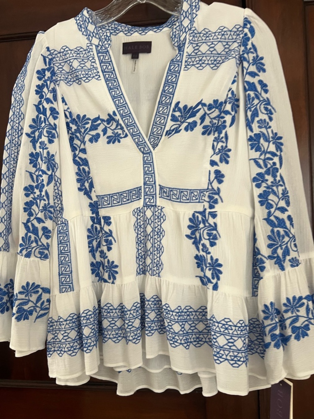 Hale Bob White Tunic with Blue Floral Embroidery